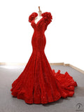 Red Wedding Dress Female Bride Wedding Toast Dress Shiny Fishtail Evening Dress - $461.98