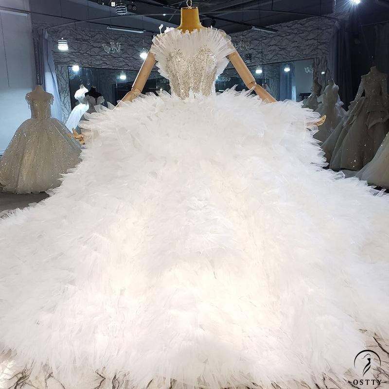 Tube Top High Waist Plush Large Trailing Lace Wedding Dress - Custom Made - $999.99