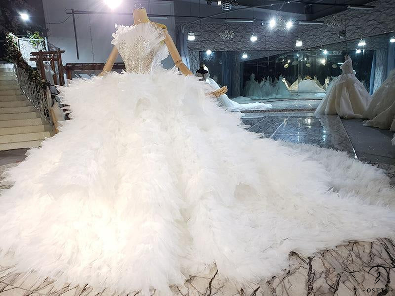 Tube Top High Waist Plush Large Trailing Lace Wedding Dress - Custom Made - $999.99