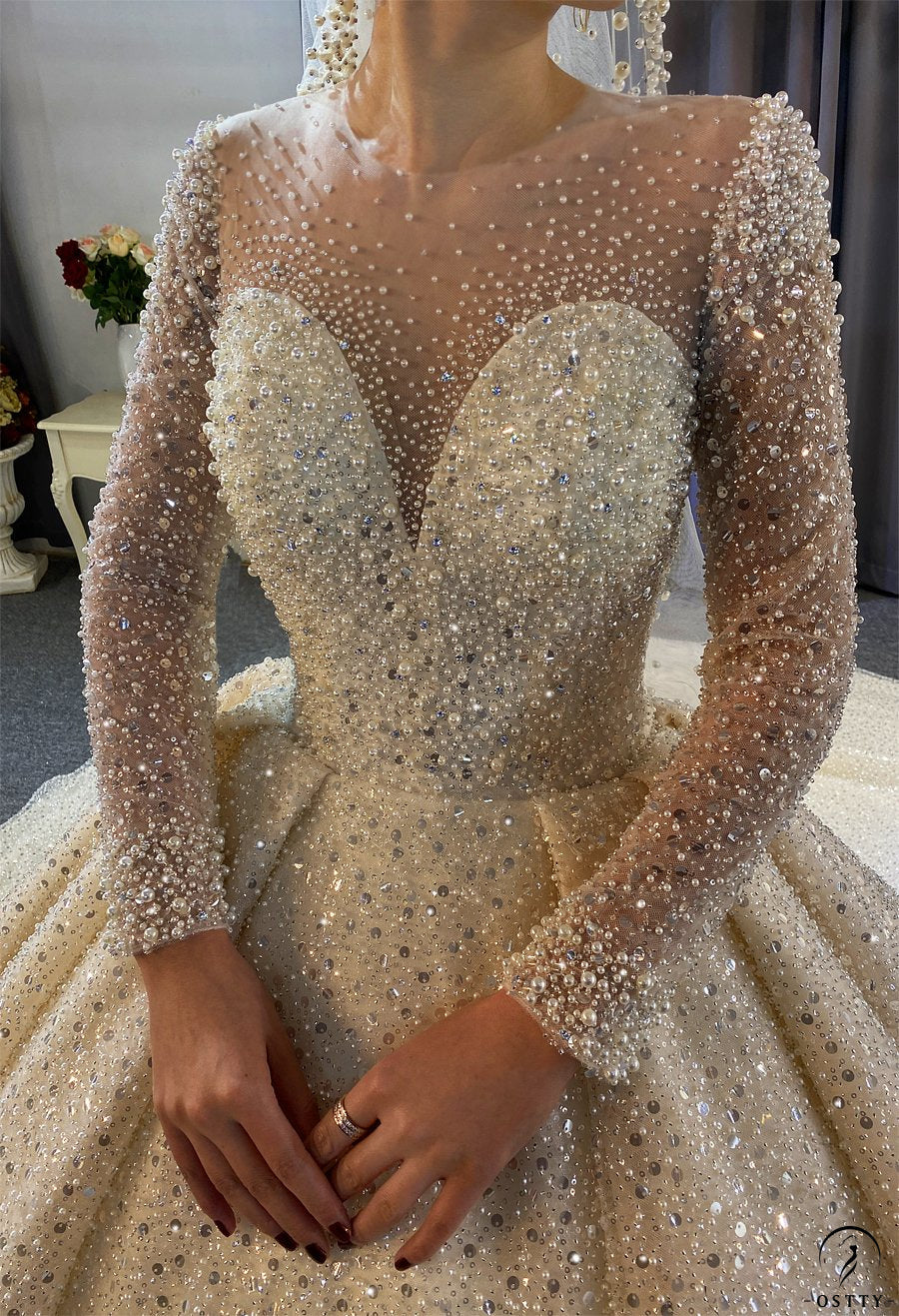 White Luxury Long Train Full Beading Wedding Dress OSM001 - $1,169.99