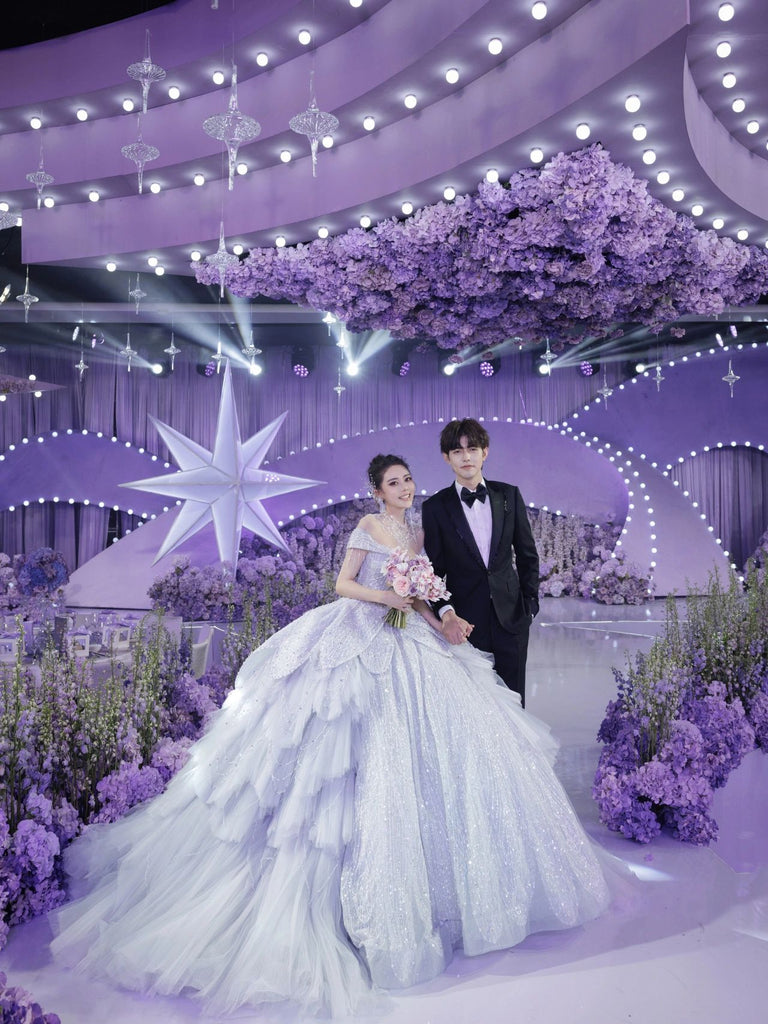 Romantic Blue Wedding Dress with Purple Wedding Decorations