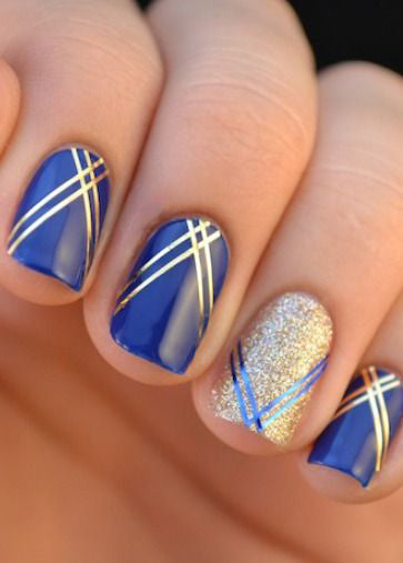 Royal Blue Nails With Silver Accents；blue manicure；blue nail designs；Blue Gel；Nail Polish；blue nail art；rhinestone nails；