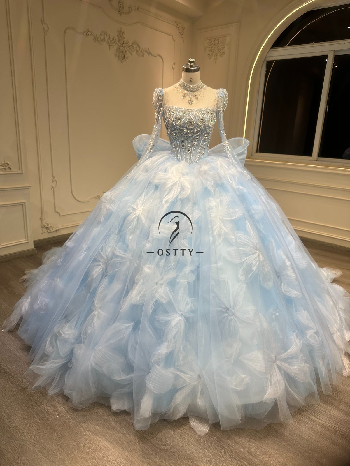 Ostty Ice Blue Butterfly Quinceañera Dress with Beaded Bodice and 3D Appliqué OST-QN065-25 (Wholesale)