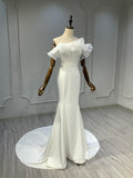 Ostty Structured Ruffle Off-Shoulder Satin Wedding Dress OST-MN002-25 (Wholesale)