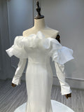 Ostty Structured Ruffle Off-Shoulder Satin Wedding Dress OST-MN002-25 (Wholesale)