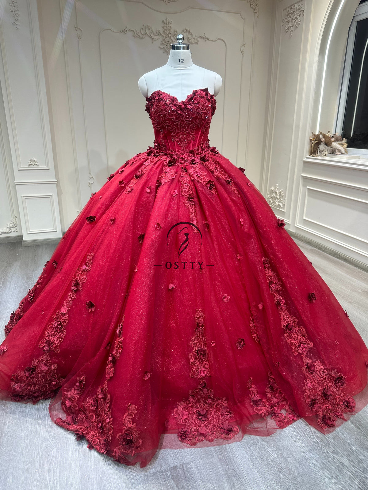 Ostty Ruby Red Floral Appliqué Quinceañera Dress with Sweetheart Neckline and Full Ball Gown Skirt OST-QN079-25 (Wholesale)