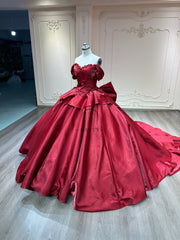Ostty Burgundy Red Quinceañera Dress with Draped Bodice and Grand Bow Train OST-QN035-25 (Wholesale)