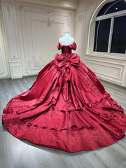 Ostty Burgundy Red Quinceañera Dress with Draped Bodice and Grand Bow Train OST-QN035-25 (Wholesale)