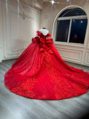 Ostty Red Quinceañera Dress with Puffy Sleeves and Statement Bow OST-QN028-25 (Wholesale)