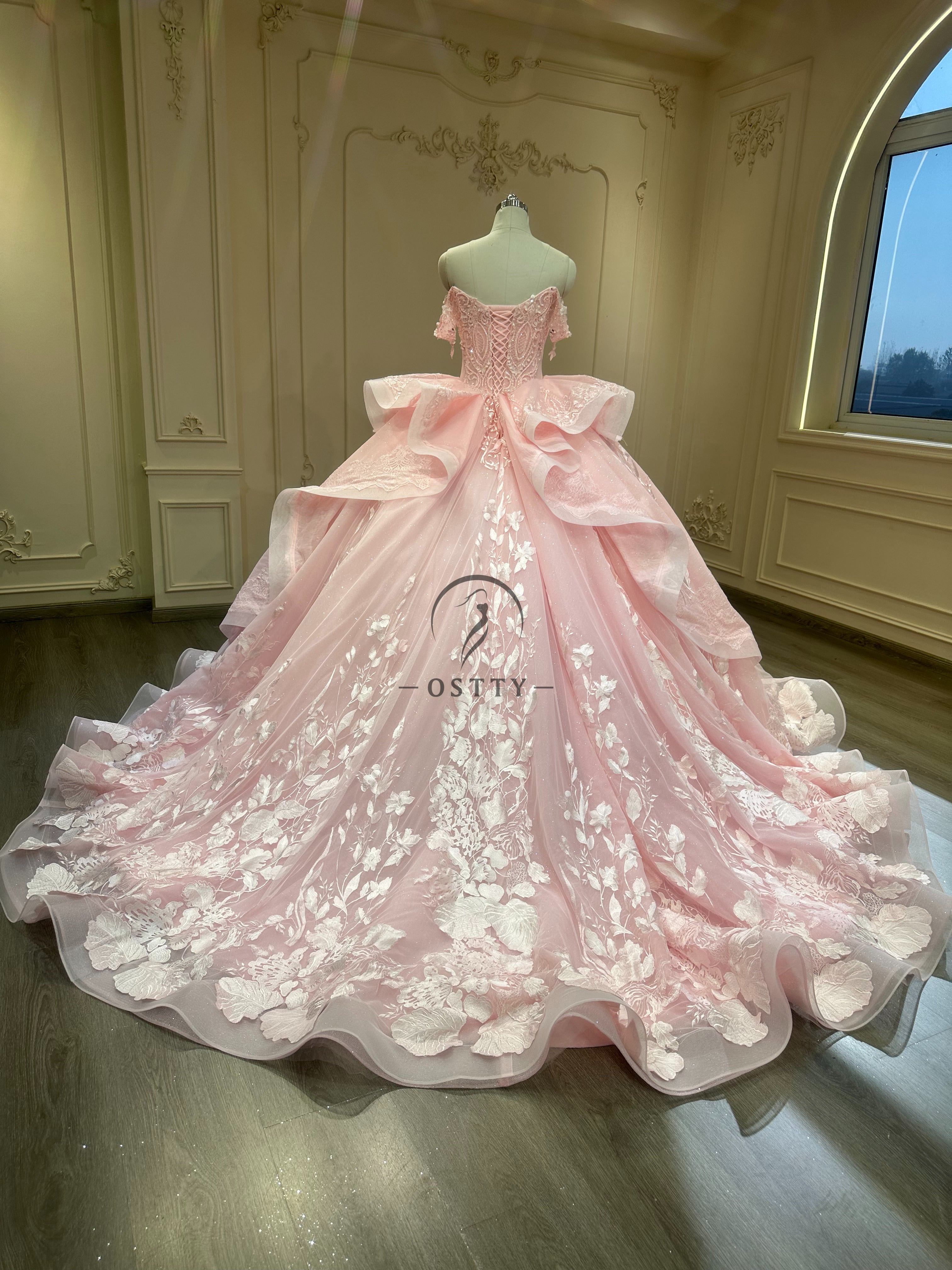 Ostty Pink Quinceañera Dress with Embroidered Skirt and Ruffled Waist OST-QN031-25 (Wholesale)