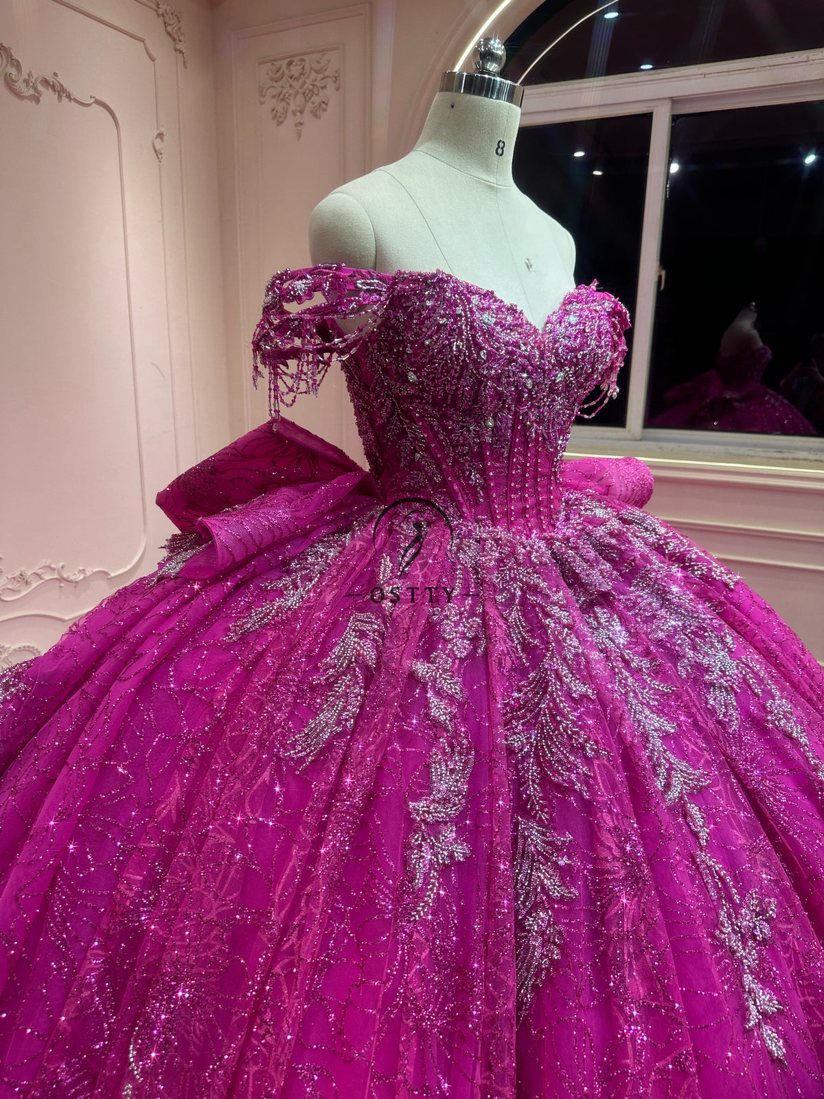 Ostty Fuchsia Glitter Quinceañera Dress with Silver Leaf Embroidery and Oversized Bow OST-QN033-25 (Wholesale)