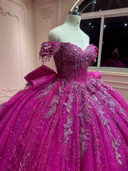 Ostty Fuchsia Glitter Quinceañera Dress with Silver Leaf Embroidery and Oversized Bow OST-QN033-25 (Wholesale)
