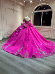 Ostty Fuchsia Glitter Quinceañera Dress with Silver Leaf Embroidery and Oversized Bow OST-QN033-25 (Wholesale)