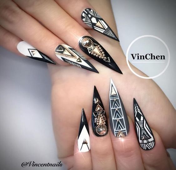 Geometric Design For Stiletto Nails; Geometric Stiletto nails; cute Stiletto nails; Stiletto coffin nails; easy Stiletto nails; Stiletto nails designs;