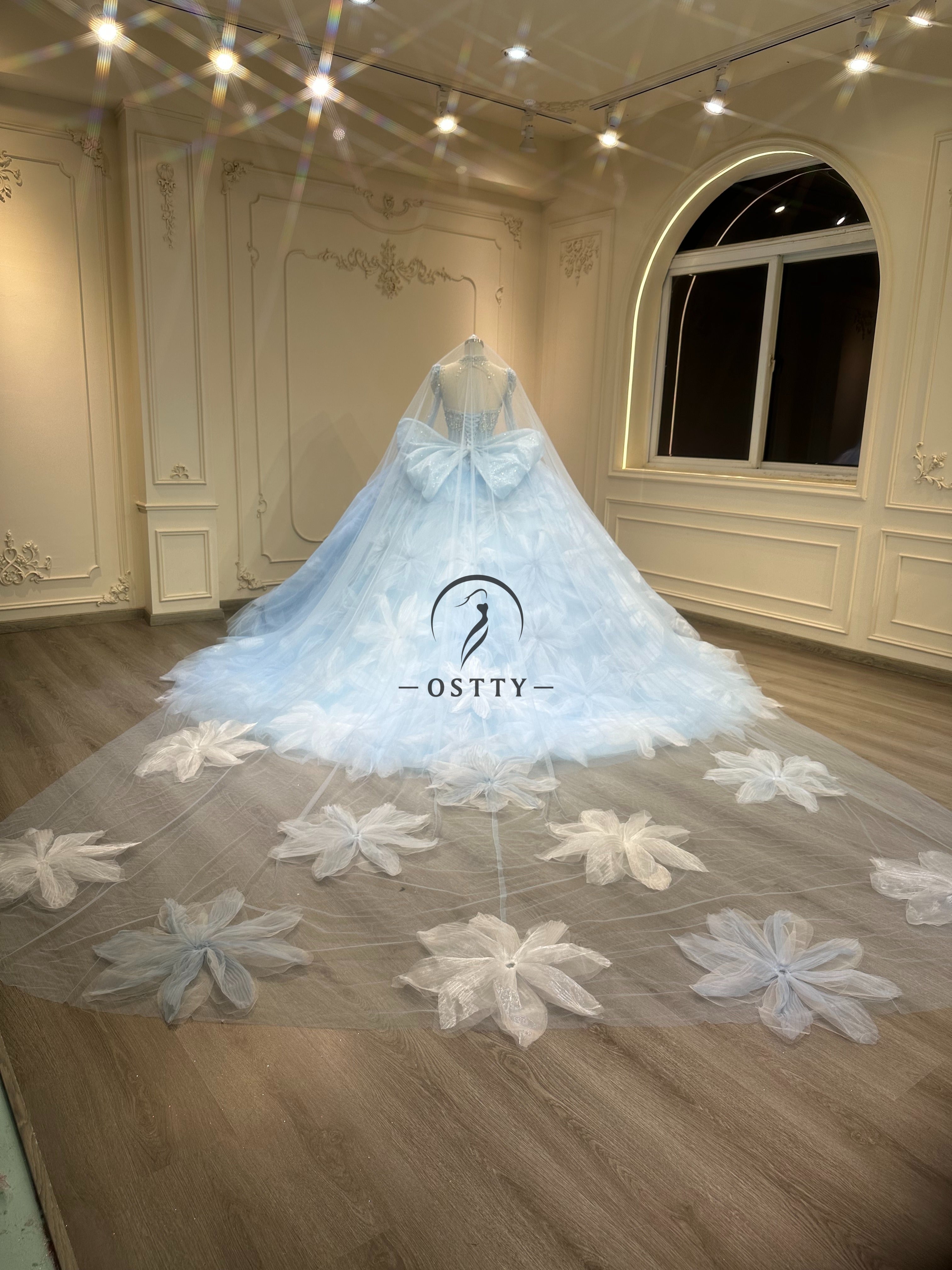 Ostty Ice Blue Butterfly Quinceañera Dress with Beaded Bodice and 3D Appliqué OST-QN065-25 (Wholesale)