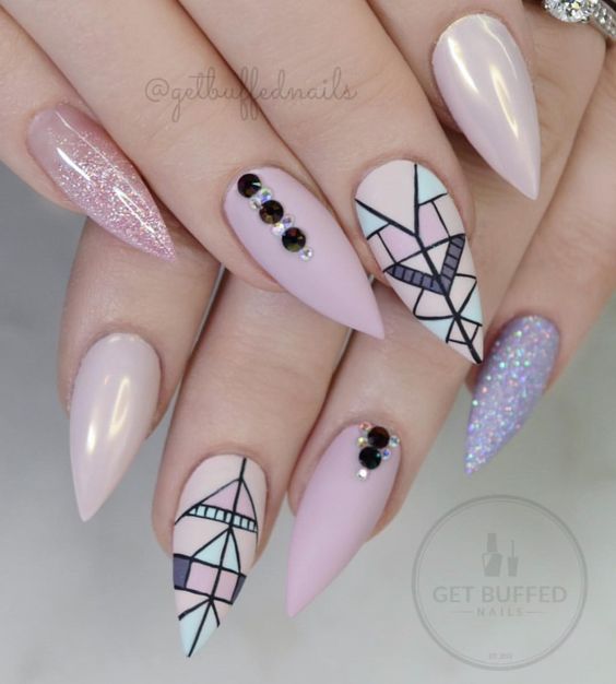 Geometric Design For Stiletto Nails; Geometric Stiletto nails; cute Stiletto nails; Stiletto coffin nails; easy Stiletto nails; Stiletto nails designs;