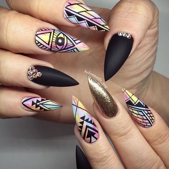 Geometric Design For Stiletto Nails; Geometric Stiletto nails; cute Stiletto nails; Stiletto coffin nails; easy Stiletto nails; Stiletto nails designs;