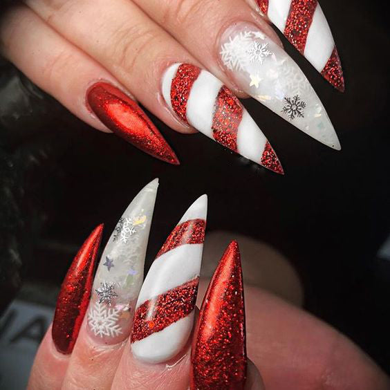 50+ Christmas Red Stiletto Nail Art Ideas; Christmas nail art design; Christmas nail art design stiletto; simple Christmas nail art design.Stiletto Nail Art;Red Stiletto Nail Art; Red Nail Art;