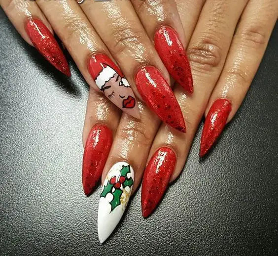 50+ Christmas Red Stiletto Nail Art Ideas; Christmas nail art design; Christmas nail art design stiletto; simple Christmas nail art design.Stiletto Nail Art;Red Stiletto Nail Art; Red Nail Art;