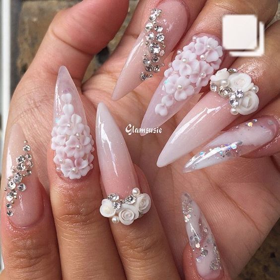 Lovely 3D Flower Stiletto Nails Art; Flower Stiletto nails; cute Stiletto nails; Stiletto coffin nails; easy Stiletto nails; Stiletto nails designs;