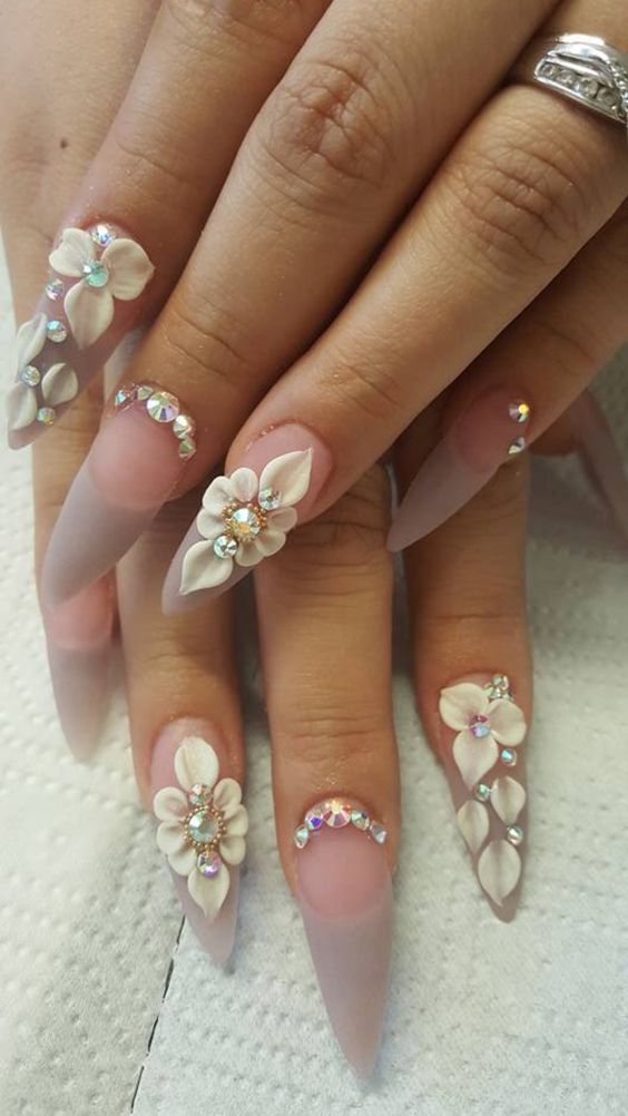 Lovely 3D Flower Stiletto Nails Art; Flower Stiletto nails; cute Stiletto nails; Stiletto coffin nails; easy Stiletto nails; Stiletto nails designs;