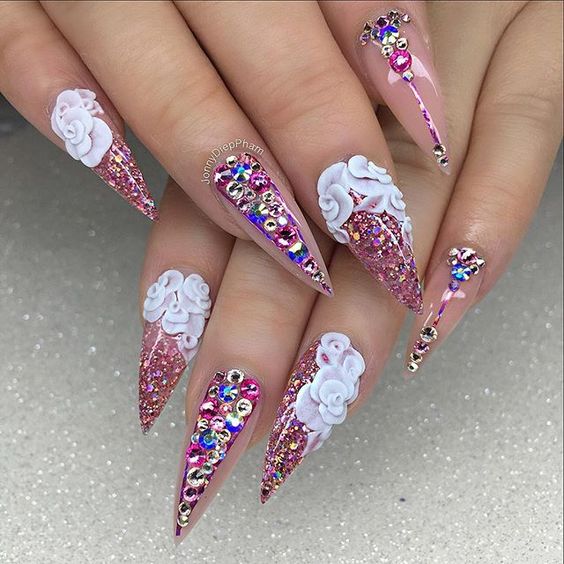 Lovely 3D Flower Stiletto Nails Art; Flower Stiletto nails; cute Stiletto nails; Stiletto coffin nails; easy Stiletto nails; Stiletto nails designs;