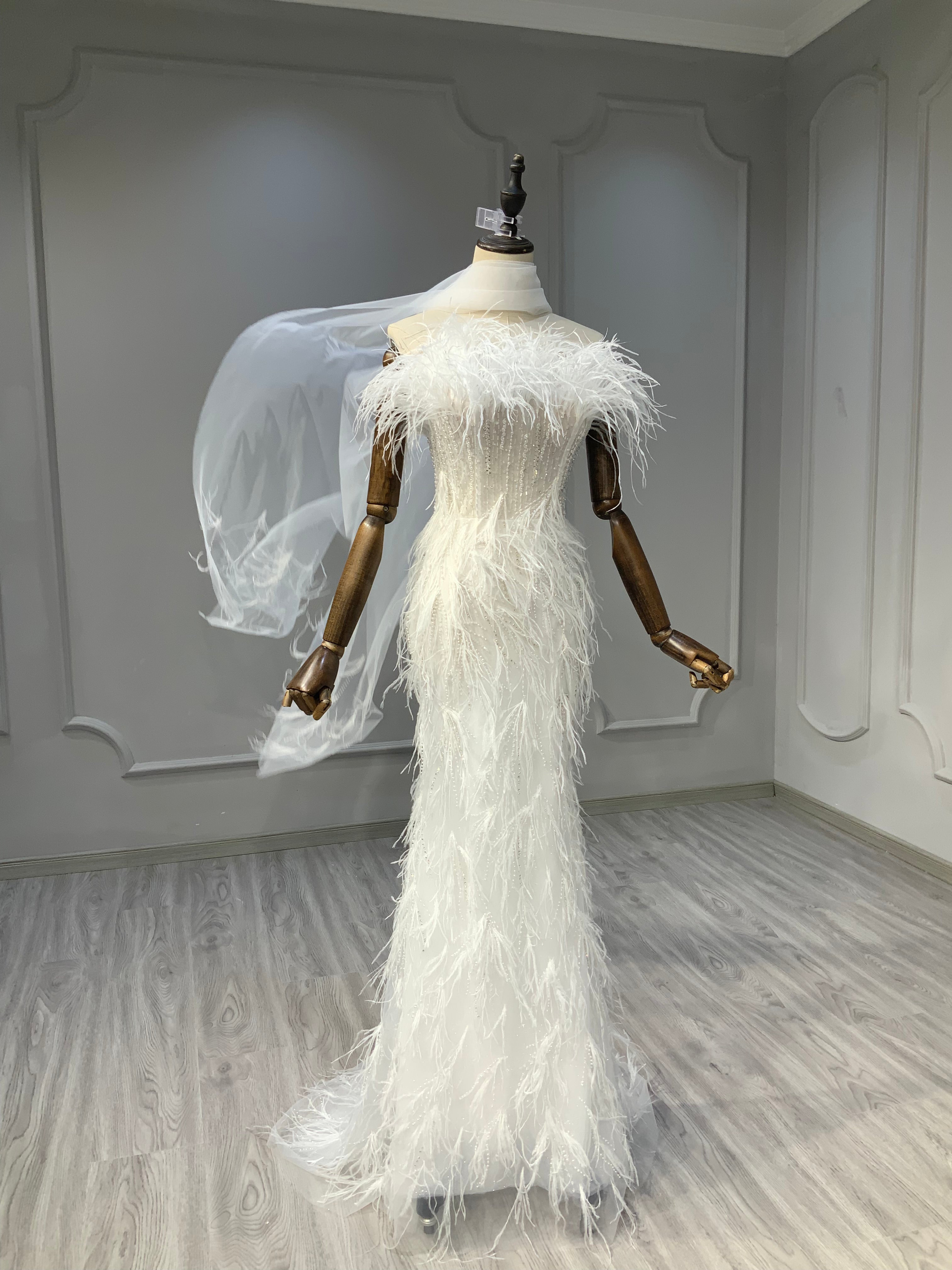 Ostty Feathered Couture Sheath Wedding Dress with Side Cape OST-FR027-25 (Wholesale)