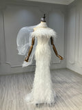 Ostty Feathered Couture Sheath Wedding Dress with Side Cape OST-FR027-25 (Wholesale)