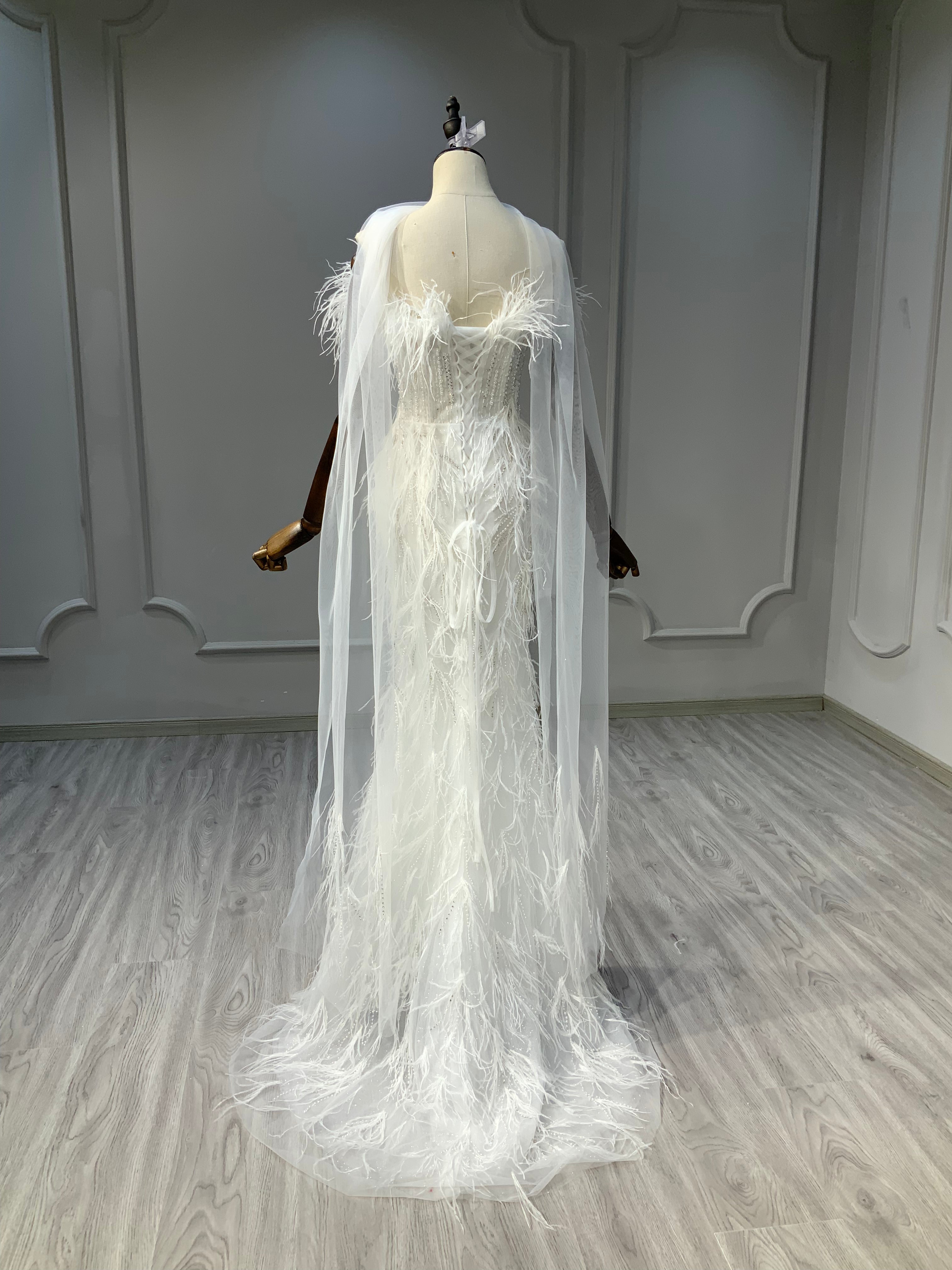 Ostty Feathered Couture Sheath Wedding Dress with Side Cape OST-FR027-25 (Wholesale)