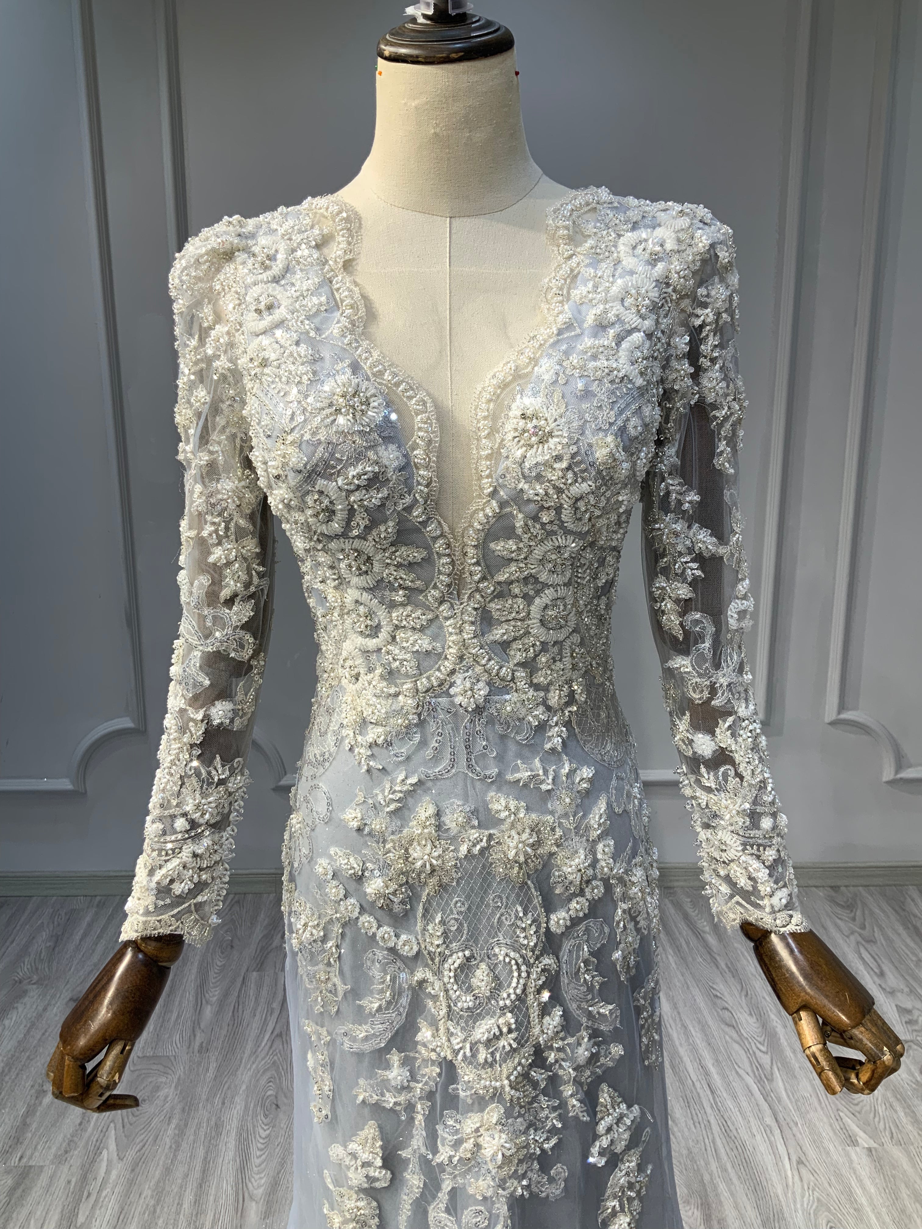 Ostty Vintage Grey Embroidered Wedding Dress with Long Sleeves OST-GV023-25 (Wholesale)