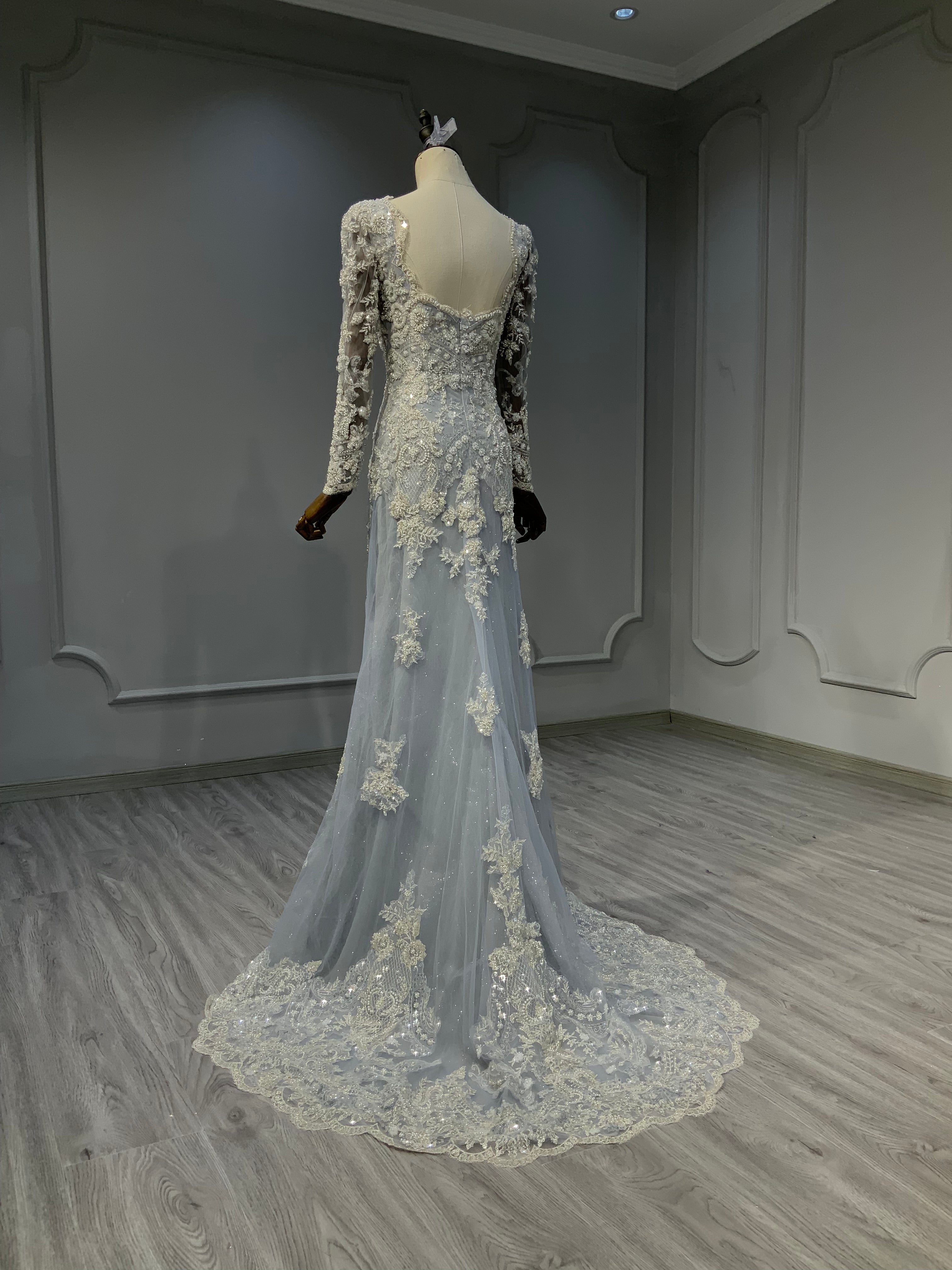 Ostty Vintage Grey Embroidered Wedding Dress with Long Sleeves OST-GV023-25 (Wholesale)