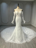 Ostty Off-Shoulder Long Sleeve Lace Wedding Dress with Chapel Train OST-LT018-25 (Wholesale)