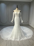 Ostty Off-Shoulder Long Sleeve Lace Wedding Dress with Chapel Train OST-LT018-25 (Wholesale)