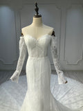 Ostty Off-Shoulder Long Sleeve Lace Wedding Dress with Chapel Train OST-LT018-25 (Wholesale)