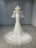 Ostty Puff Sleeve Floral Lace Wedding Dress with Illusion Neckline OST-LV007-25 (Wholesale)