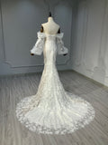 Ostty Puff Sleeve Floral Lace Wedding Dress with Illusion Neckline OST-LV007-25 (Wholesale)