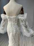 Ostty Puff Sleeve Floral Lace Wedding Dress with Illusion Neckline OST-LV007-25 (Wholesale)