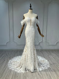 Ostty Floral Lace Off-Shoulder Wedding Dress with Illusion Sleeves OST-LV006-25 (Wholesale)