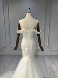 Ostty Off-Shoulder Fishtail Wedding Dress with Tulle Train OST-MF016-25 (Wholesale)