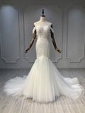 Ostty Off-Shoulder Fishtail Wedding Dress with Tulle Train OST-MF016-25 (Wholesale)