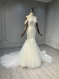 Ostty Off-Shoulder Fishtail Wedding Dress with Tulle Train OST-MF016-25 (Wholesale)