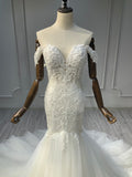 Ostty Off-Shoulder Fishtail Wedding Dress with Tulle Train OST-MF016-25 (Wholesale)