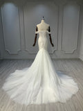 Ostty Off-Shoulder Fishtail Wedding Dress with Tulle Train OST-MF016-25 (Wholesale)