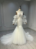 Ostty Puffy Sleeve Fishtail Wedding Dress with Beaded Bodice OST-MF017-25 (Wholesale)
