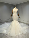 Ostty Sheer Corset Mermaid Wedding Dress with Tulle Train OST-MS030-25 (Wholesale)