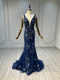 Ostty Navy Deep V Sequin Floral Evening Gown OST-NT019-25 (Wholesale)