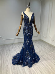 Ostty Navy Deep V Sequin Floral Evening Gown OST-NT019-25 (Wholesale)