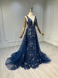 Ostty Navy Deep V Sequin Floral Evening Gown OST-NT019-25 (Wholesale)