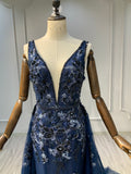 Ostty Navy Deep V Sequin Floral Evening Gown OST-NT019-25 (Wholesale)