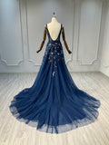 Ostty Navy Deep V Sequin Floral Evening Gown OST-NT019-25 (Wholesale)